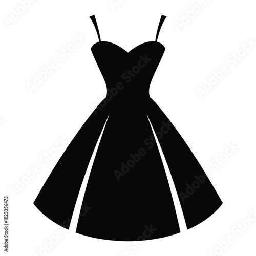 Elegant black cocktail dress silhouette with spaghetti straps and a flared skirt, ideal for formal events, parties, and fashion designs