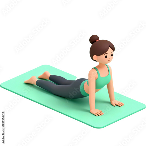 A charming 3D rendered character of a woman in a vibrant teal sports outfit gracefully practicing a beginner yoga pose on a green mat, promoting wellness and mindful exercise for a healthy lifestyle