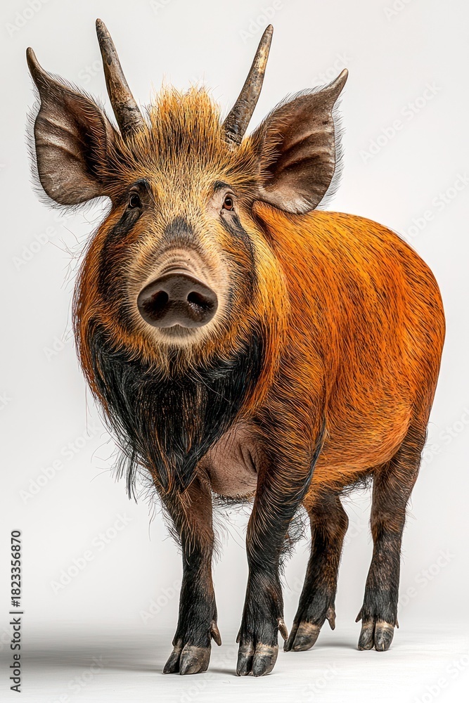 Fototapeta premium Red river hog standing. Intense gaze, brown fur, and light background