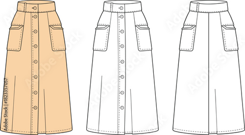 Women's A-line midi skirt technical fashion flat, button front with pockets, front and back view, cad drawing flat vector illustration.