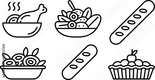 Feast and Holiday Meal Line Icons: Roasted Chicken, Salad, Bread, and Apple Pie