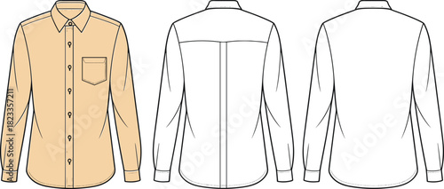 Men's long sleeve button down shirt technical fashion flat sketch, front and back view, cad drawing flat vector illustration template.