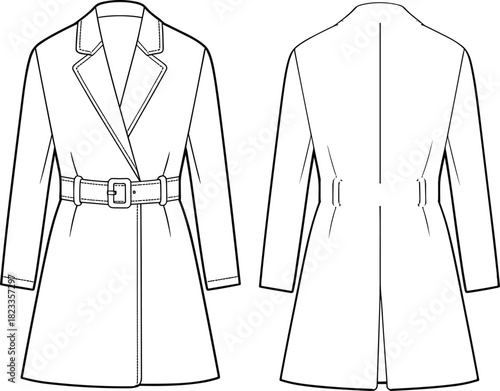 Women's belted trench coat technical fashion flat, front and back view, CAD drawing flat vector illustration template.