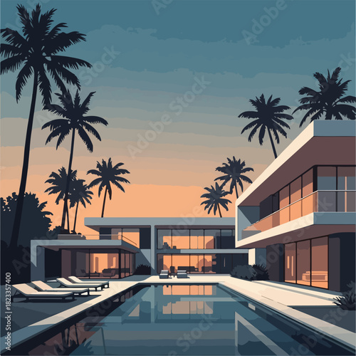 Stylish vector illustration of a luxury modern villa with a swimming pool, palm trees, and a colorful sunset sky. Ideal for travel promotions, real estate marketing, resort branding