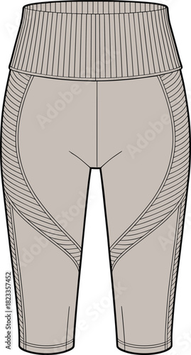 Women's biker shorts, high waist yoga pants, fashion flat sketch, vector illustration, activewear technical drawing, ribbed waistband, sportswear template, beige.