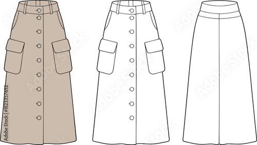 Women's cargo midi skirt, button front, fashion flat sketch, utility style, beige, technical drawing, front back view, vector illustration template.
