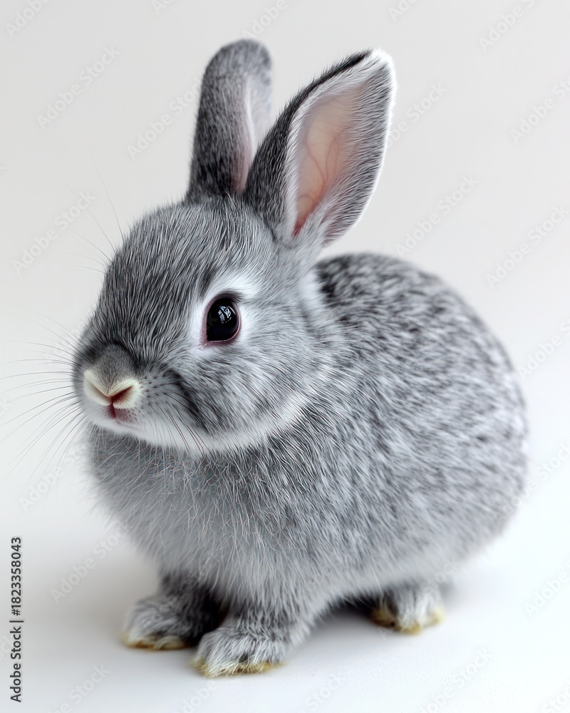 Obraz premium Small, gray bunny with large ears and big eyes sits on a plain background