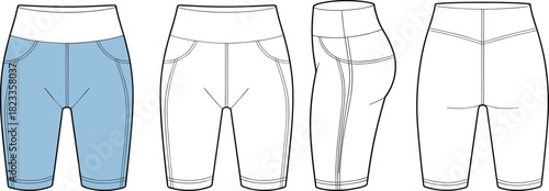 Women's biker shorts, high waist cycling tights, fashion flat sketch, front side back view, technical drawing template, cad drawing flat vector illustration.