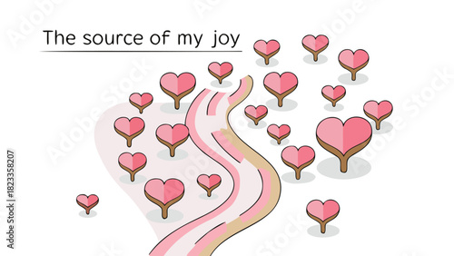 A flowing river of pink and beige carries heart shaped trees symbolizing the source of joy and happiness