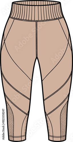 Women's cropped leggings technical fashion flat, high waist with ribbed band, mesh panels, cad drawing flat vector illustration.