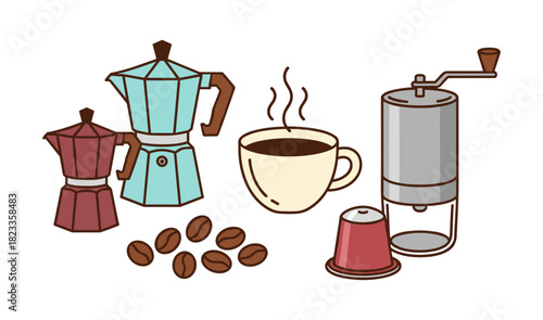 Various coffee brewing methods and equipment illustration