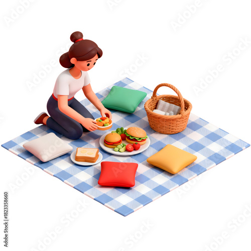 Charming 3D character of a girl setting up a delicious meal for an outdoor picnic on a gingham cloth with soft cushions