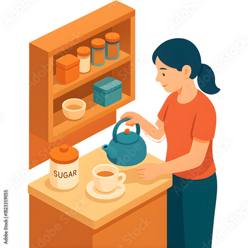Woman pouring hot tea into a cup from a kettle on a kitchen counter with shelves of jars and containers