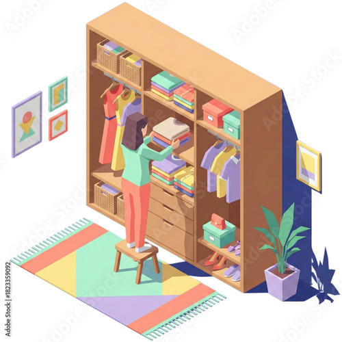 Organizing a closet with folded clothes and items, a woman stands on a stool to arrange clothing neatly in shelving units, creating a tidy and efficient space