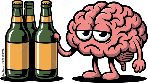 Sad or Hungover Brain Cartoon Character Leaning on Beer Bottles