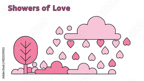 Whimsical illustration of pink clouds raining hearts and a stylized tree with people below symbolizing love and affection