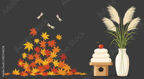 Autumnal decorations with falling leaves and pampas grass in a vase.