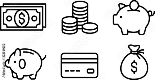 Bold Line Money and Savings Icon Collection: Piggy Banks, Cash, Coins, and Payment Card