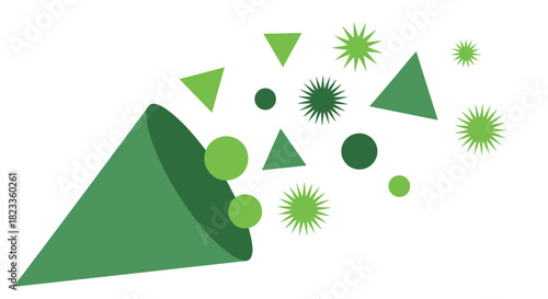 A whimsical green party popper explodes with geometric shapes and spiky bursts creating a celebratory and dynamic scene.