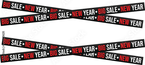 New Year Big Sale Banners - Crossed Black and Red Promotion Tapes, Crossed ribbons and stripes with text on white background.