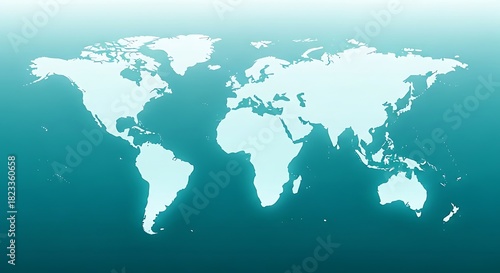 World map illustration displaying continents in light blue, set against a vibrant teal and aqua ocean background with a subtle gradient effect. global connection graphic design.