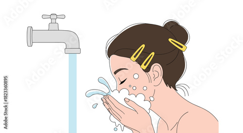 Line art illustration of a young woman washing her face with foam cleanser under running water from a tap for a skincare routine.