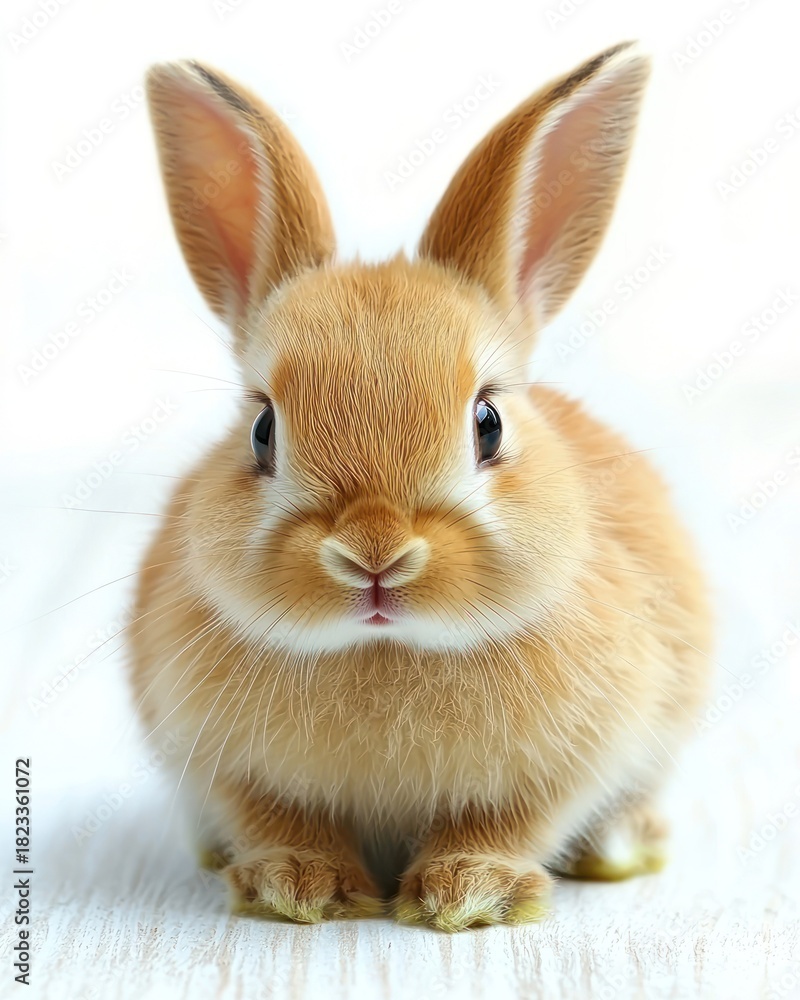 Fototapeta premium Tiny, fluffy, light brown bunny rabbit, face forward, sitting on white surface