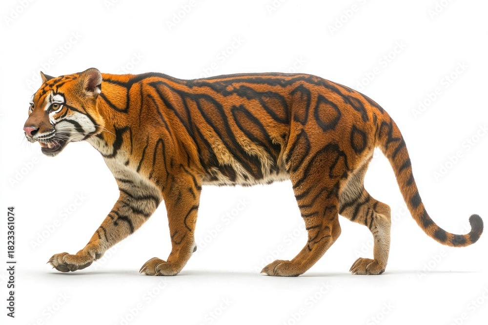 Obraz premium Tiger walks, profile. Orange and black stripes, tail behind, mouth slightly open
