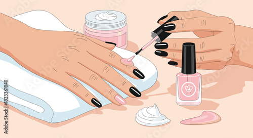 A close-up illustration of a manicurist applying pink nail polish to a client's nails in a professional beauty salon setting.