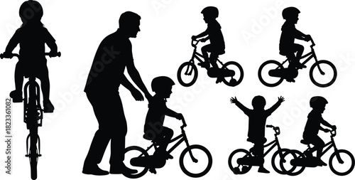 Child learning to ride bicycle silhouette sequence, training wheels, adult support, celebration, black on white, developmental milestone icon