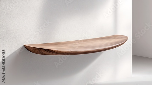 A modern curved wooden shelf attached to a clean white wall creates minimalist aesthetics