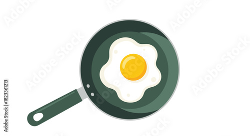 A top-down flat vector illustration of a perfectly cooked sunny-side-up fried egg in a dark green non-stick frying pan.