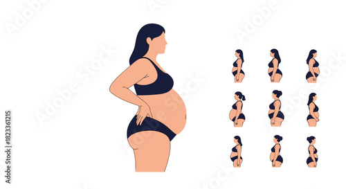 A pregnant woman in profile, with a collection of smaller images showing diverse body types and stages of pregnancy or postpartum.