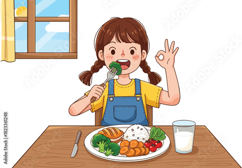 Child eating healthy meal illustration, broccoli, rice, chicken, vegetables, milk, OK gesture, sunny window, cartoon style