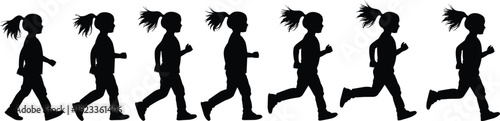 Child running silhouette sequence, motion phases, ponytail, stride progression, black on white, biomechanics icon