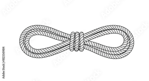 A detailed black and white vintage engraving of a rope tied in a secure infinity loop, symbolizing eternity and connection.