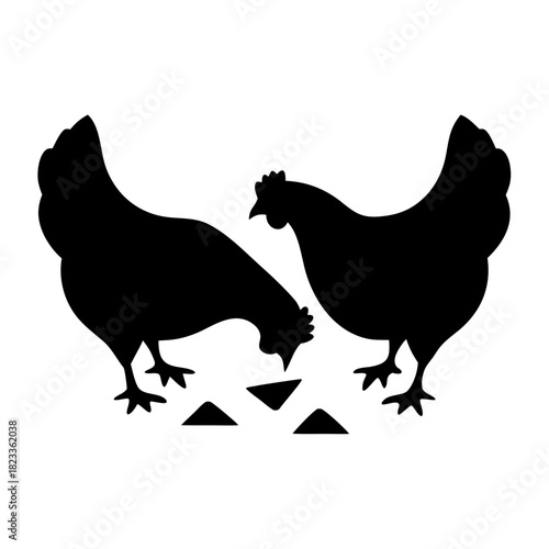 Two black chicken silhouettes pecking at food on white background silhouette