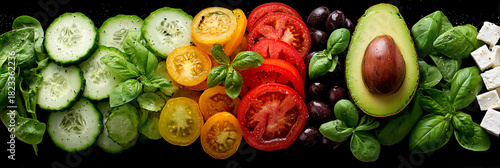 Wallpaper Mural A vibrant display of sliced tomatoes, cucumbers, and cheese cubes arranged neatly on a black surface, enhanced with fresh basil leaves and olives, showcasing healthy ingredients. Torontodigital.ca