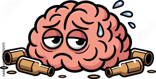 Tired and Hungover Brain Cartoon with Empty Beer Bottles