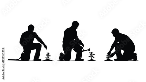 Man tending plants silhouette set isolated on white background, Vector
