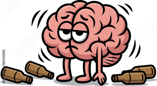 Dizzy and Shaking Brain Cartoon Character with Empty Alcohol Bottles