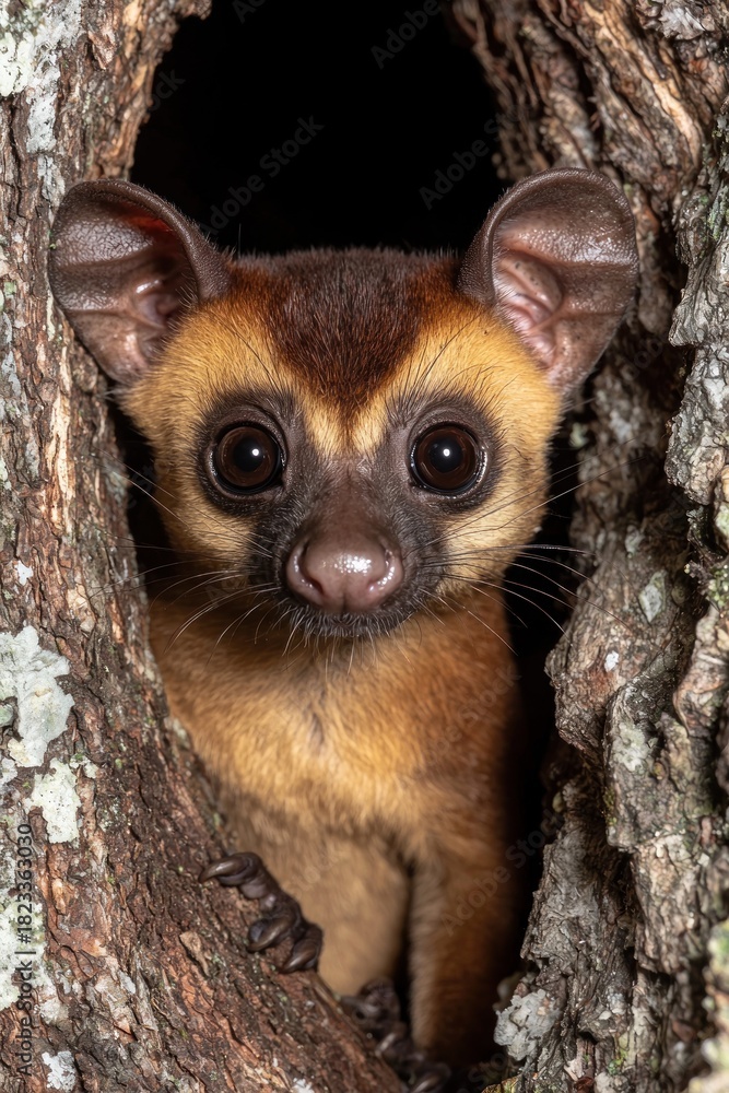 Obraz premium Wide-eyed lemur peeks out from a tree hollow, fur in warm brown tones