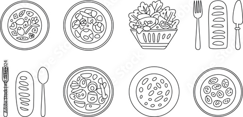 Food and Dining Line Icon Set: Salad, Soup, Bread, Plate, and Cutlery