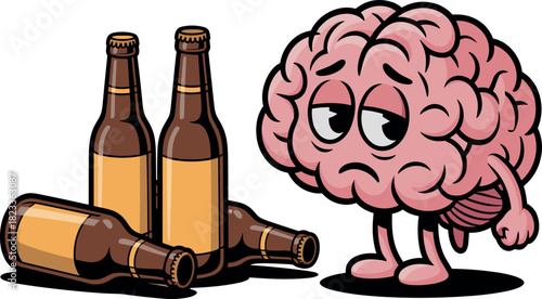 Cartoon Brain Character Feeling Sick or Tired Beside Beer Bottles