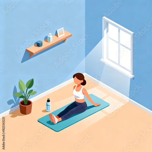 A tranquil home exercise session for well-being; a woman stretches gracefully on her yoga mat in a bright, sun-filled room, fostering a healthy and balanced lifestyle routine