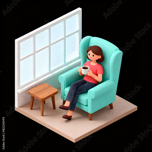 Stylized 3D illustration of a woman finding solace and comfort while sipping a warm drink in a cozy living room chair beside a bright window, perfect for depicting leisure and home life