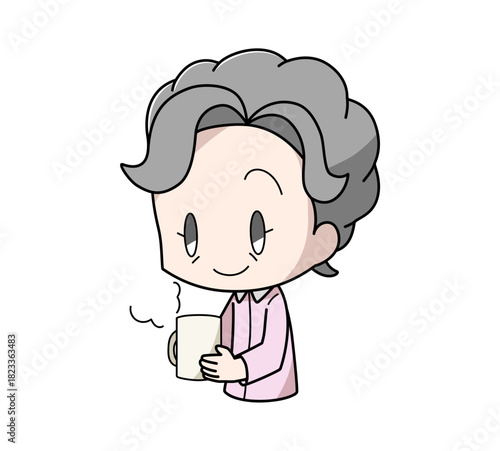 寝る前に温かい飲み物を飲む高齢女性のイラスト