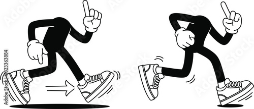 Running cartoon figures illustration, headless characters, white gloves, sneakers, upward gesture, motion lines, black body, dynamic pose