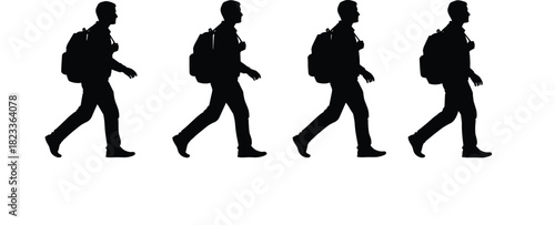 Walking silhouette sequence with backpack, motion phases, stride progression, black on white, human movement icon