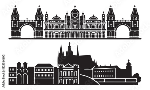 Prague Landmark Silhouette, Historic Architecture Skyline Art.